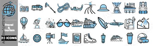 A collection of 30 blue and grey line art icons representing various aspects of travel and tourism, including transportation, activities, and essential gear.