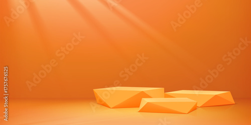 3D orange podium stage with pedestal platform for product display showcase, vector background. Orange podium stage of abstract geometric platforms with light beams and shadows on wall for showroom