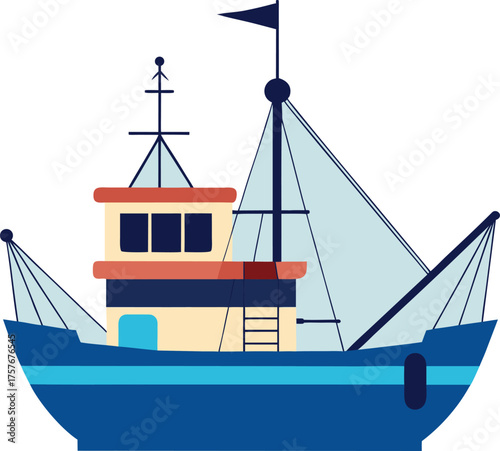 Fishing Trawler With Nets And Seagulls In Coastal Maritime Theme Vector illustration