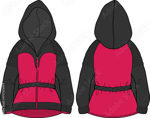 Women Long sleeve Hoodie jacket sweatshirt with belted waist design flat sketch illustration, girls Hooded jacket sweater with front and back view, long hem hooded winter jacket
