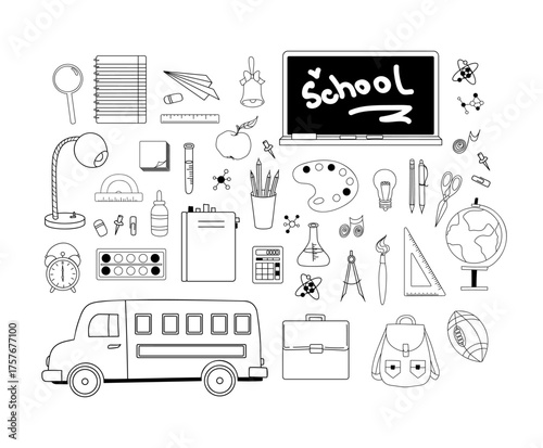 Doodle set of school objects. Perfect for educational materials, back-to-school designs, stationery, posters, and creative projects
