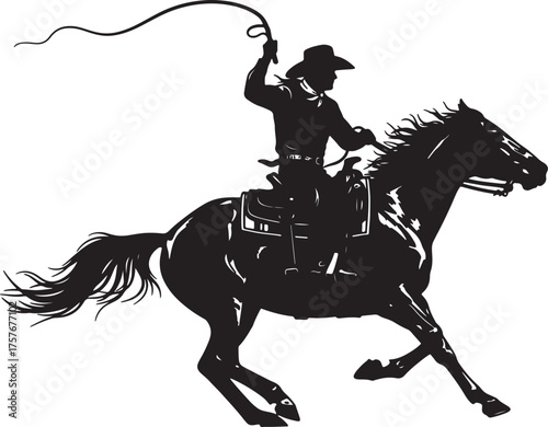 Silhouette of a cowboy on a galloping horse with a lasso rope on transparent background