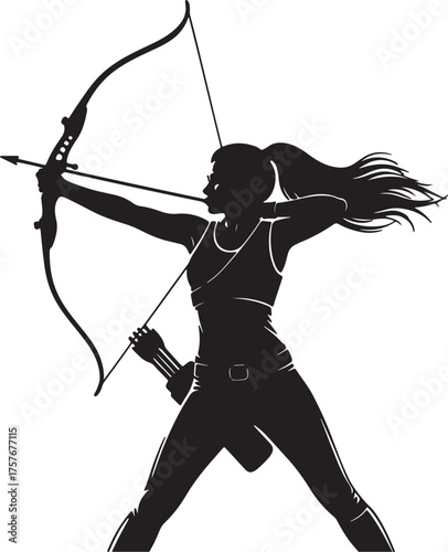 Silhouette of a female archer aiming a bow and arrow archery woman on transparent background