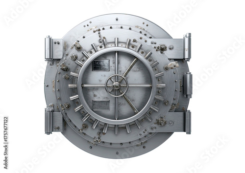 Close-up of a large, round, metallic vault door