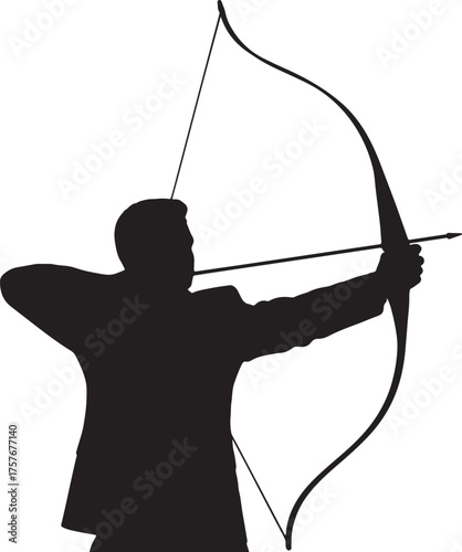 Silhouette of a man in a suit aiming a bow and arrow archery target on transparent background