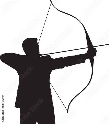 Silhouette of a man in a suit aiming a bow and arrow archery target on transparent background