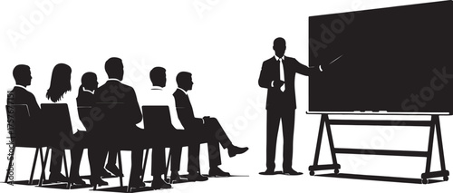 Silhouette of a man presenting to an audience in a conference room with a whiteboard presentation on transparent background