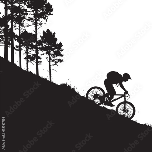 Silhouette of a Mountain Biker Descending a Steep Grassy Hill with Pine Trees mountain biking cyclist on transparent background