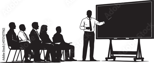 Silhouette of a presenter pointing at a blank blackboard to an audience seated in chairs presentation on transparent background