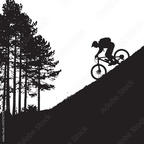 Silhouette of a mountain biker riding downhill next to pine trees on a white background bicycle extreme sport on transparent background
