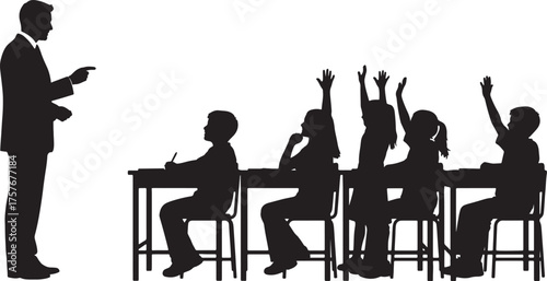 Silhouette of a teacher pointing and students raising hands in a classroom school education on transparent background