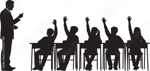 Silhouette of a teacher and students raising hands in a classroom school education on transparent background
