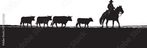 Silhouette of Cowboy Herding Cattle on Horseback Across a Plain on White Background ranch on transparent background