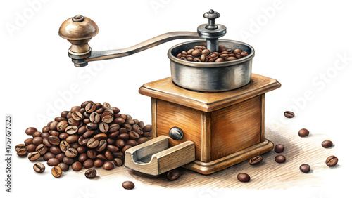 Vintage coffee grinder with coffee beans isolated on transparent background, watercolor style