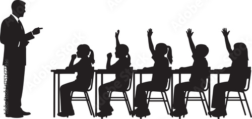 Teacher pointing at students with raised hands in a classroom silhouette education learning on transparent background