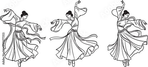 Three graceful dancers in traditional flowing costumes in various poses on a white background dancing on transparent background