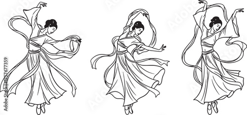 Three line art illustrations of a graceful dancer in flowing robes dancing ballet on transparent background