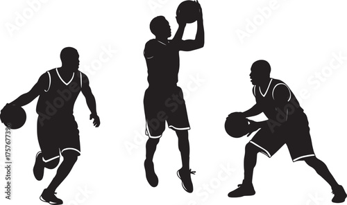 Three silhouettes of basketball players in action with basketballs on a white background dribbling shooting on transparent background