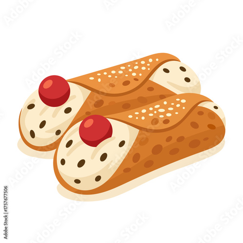 Delicious cannoli illustration with cream filling, chocolate chips, and cherries on each end