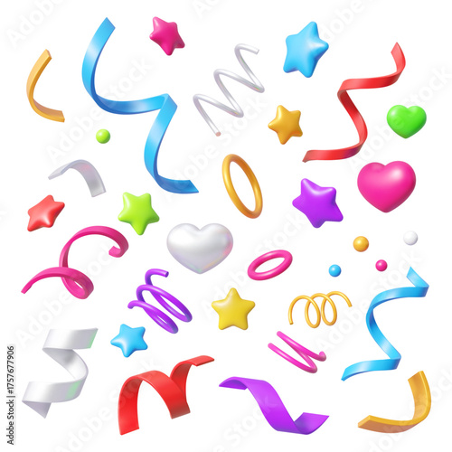 3d confetti ribbons, stars, hearts, swirls and circles for celebration and party event decorations. Bright vector festive elements featuring colorful rings, spirals and curling ribbons for decoration