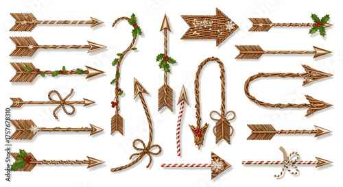 Vector art of collection of rustic wooden arrows with festive holiday accents