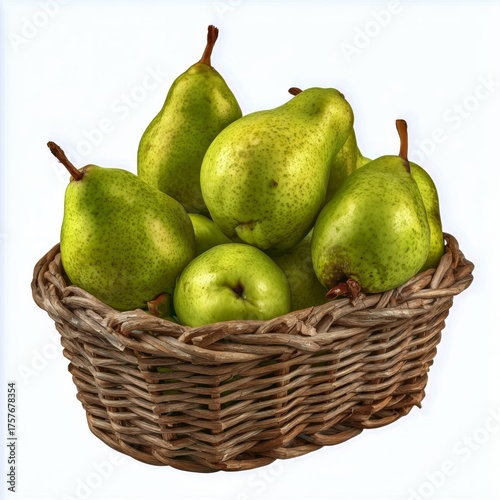 Fresh Green Pears and Apples in a Woven Basket Ready for Market Sale in Brigh...