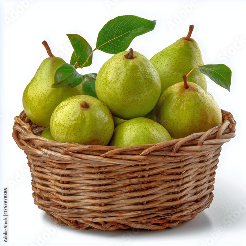 Fresh Green Pears and Apples in a Woven Basket Ready for Market Sale in Brigh...