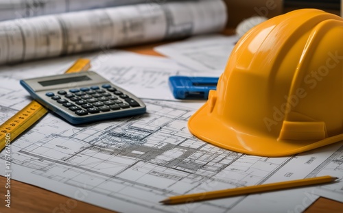 Construction Planning Tools on a Work Desk With Blueprints and Safety Gear Du...