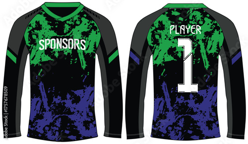 Long sleeve Racing t shirt, Sports jersey design concept vector template, abstract grunge pattern Motocross jersey concept with front and back view , Cricket, football, Volleyball uniform designs