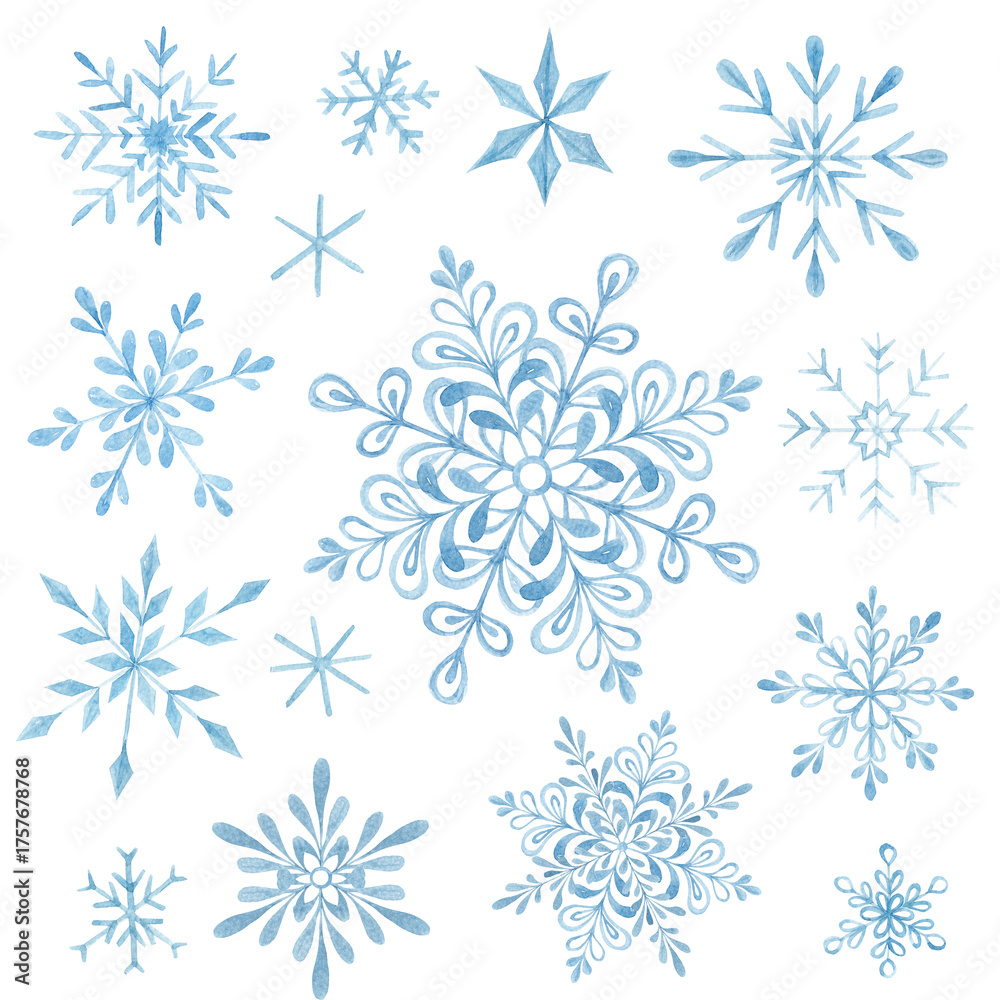 Fototapeta premium Watercolor painted snowflakes. Texture, frost. Set of watercolor snowflakes. Patterns. Print for fabric. Set of frames, border. Blue snow compositions. Winter, holidays. Christmas.
