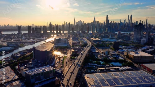 Sunset view of Manhattan skyline from Queens with roads and warehouses. Aerial view, panorama of New York City with blue sky.