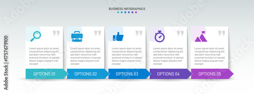 Progress bar featuring 5 arrow-shaped elements, symbolizing the five stages of business strategy and progression. Clean timeline infographic design template. Vector for mobile presentation.
