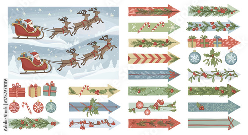 Vector art of christmas elements including santa in sleigh and festive arrows