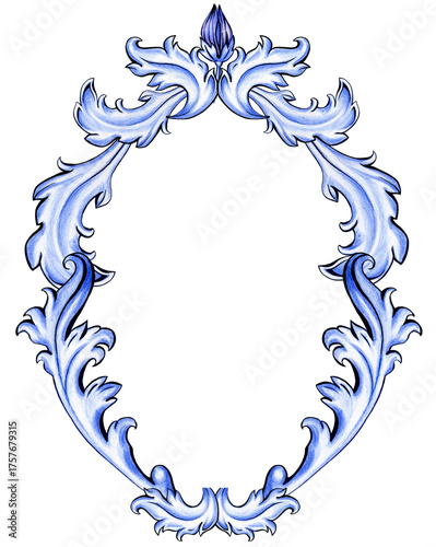 Hand drawn acanthus leaf frame in a blue oval shape, isolated on transparent background. Elegant baroque border for portraits, invitations, decorations or formal documents.
