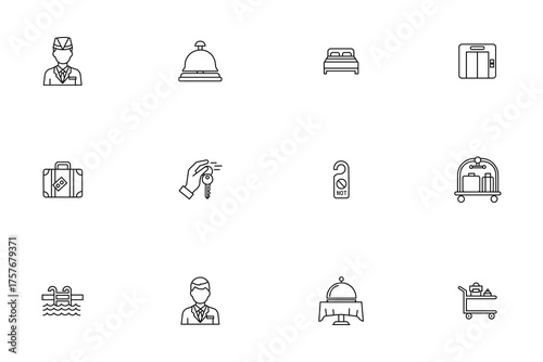 Hotel Services and Hospitality Line Icons, Accommodation Outline Vector Set