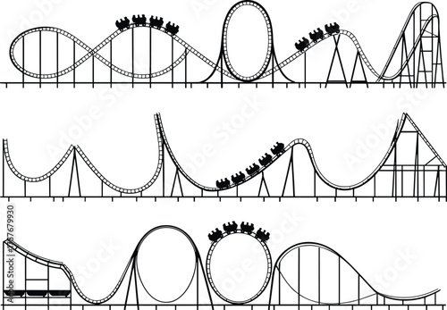 Roller coaster track set, black and white design, thrill ride layout, loops and drops, amusement park vector illustration