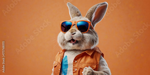A cute brown rabbit wearing stylish orange sunglasses sits upright against a warm, plain orange background, exuding a cool and whimsical vibe