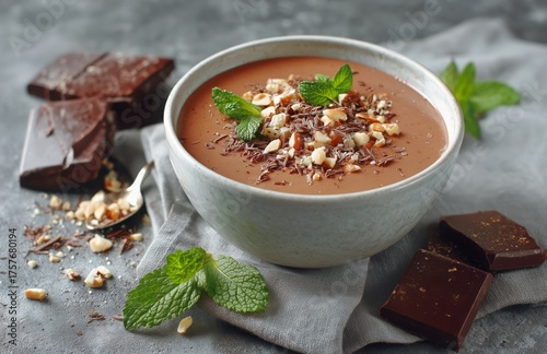 Delicious Chocolate Mousse Topped With Mint and Nuts in a Blue Bowl With Choc...