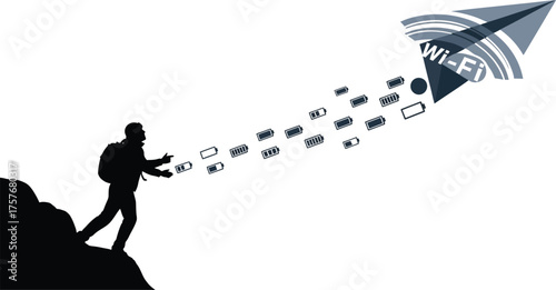 Silhouette of a person on a cliff reaching out to a stream of battery icons leading to a wi fi paper airplane