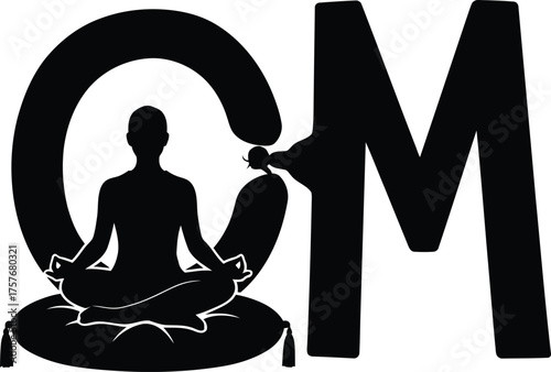 Silhouette of a person meditating in lotus pose on a cushion integrated into the letter o of the word om