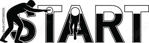 Silhouette of a person pushing a button on the letter s to start a journey with another person inside the word