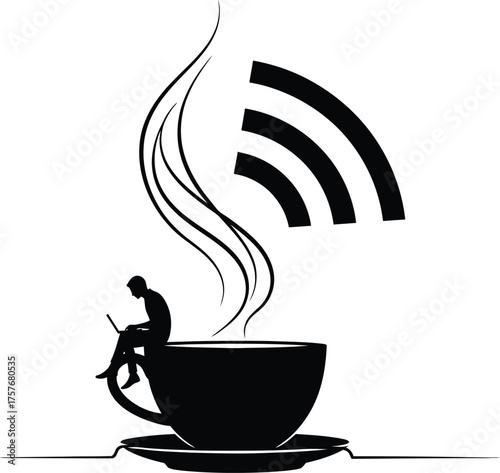 Silhouette of a person working on a laptop while sitting on a coffee cup with wi fi signal emanating from steam