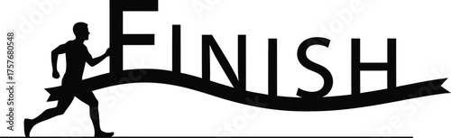 Silhouette of a runner crossing the finish line with the word finish in bold typography