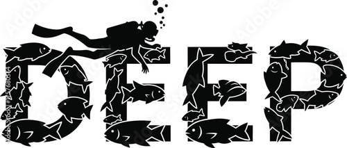 Silhouette of a scuba diver exploring the word deep formed by a school of fish