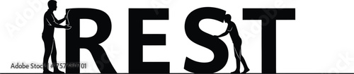 Silhouettes of people interacting with large letters spelling out the word rest