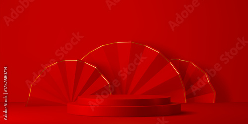 3d red podium stand with Asian fans. Layered circular platforms and a backdrop of geometric red fans with metallic golden accent. Vector background with round stage for festive CNY product display
