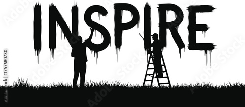 Silhouettes of people painting the word inspire with dripping paint on a white background above grass