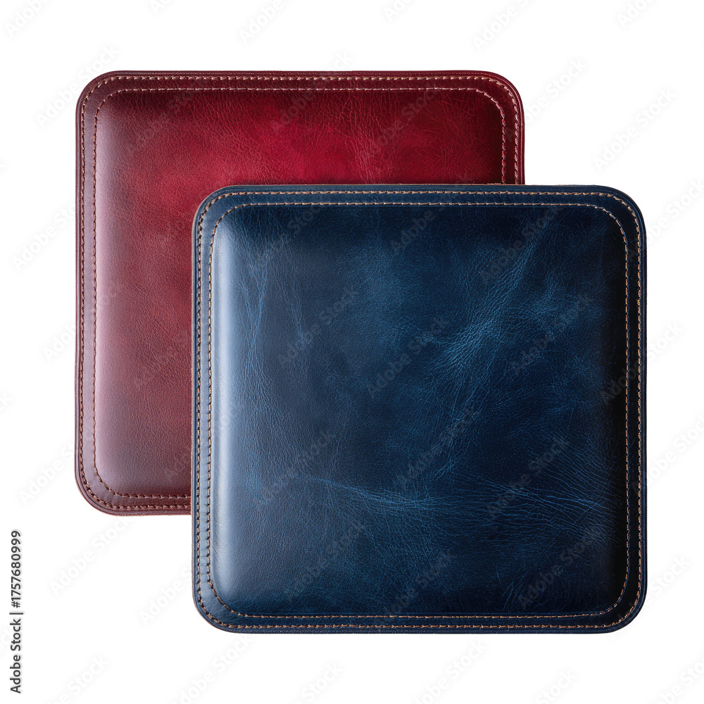 Fototapeta premium Two square leather cushions in burgundy and navy blue