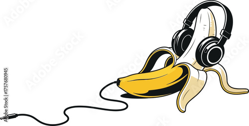 A peeled banana wearing black headphones and connected by a cord to a jack plug