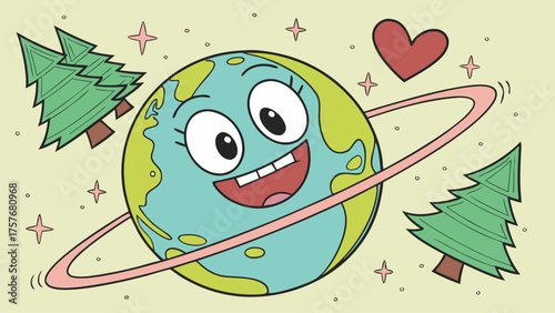 Smiling planet with heart orbiting around
